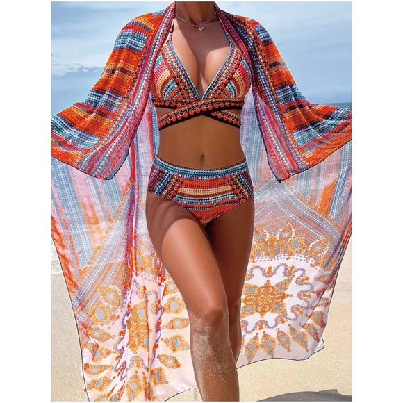 Boho Print Cut out Halter High Waisted Bikini Cover up - Picture 7 of 11